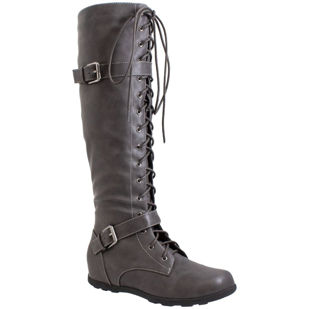 Women's Knee-High Lace Up Boots Wedge Buckle Straps Zipper Closure sz 8H (used)
